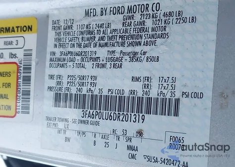 2013 Ford Fusion Hybrid Se z USA, uszkodzony, nr VIN 3FA6P0LU6DR201319